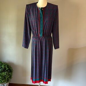Leslie Fay VINTAGE Pleated Long Sleeve midi  Dress PAISLEY purple green red 12